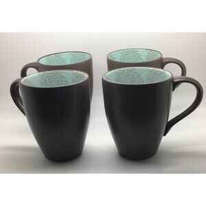 222 Fifth Coffee Mugs 12 oz Chandi Blue Brown Turquoise Flower Design Set Of 4
